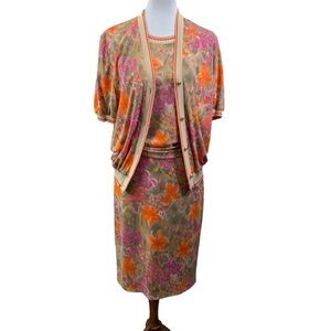 Vintage DOMINA 3 Piece Set Skirt Short Sleeve Top & Cardigan Small Medium Beige